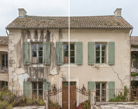 Façade ancienne en mâchefer avant rénovation